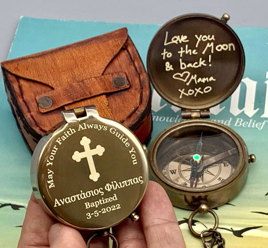 Baptism Compass, Personalised Compass for Baptised, Christening Gift, Gift for Grandson, Godmother Baptism Gift, Handwriting Compass Gift