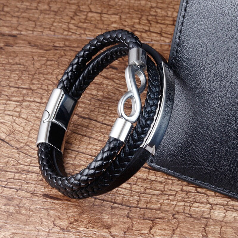 Leather Stainless Steel Mens Personalised Engraved Bracelet, Father's Day Gift- Dad Daddy Boyfriend Father , Christmas gift, infinity gift