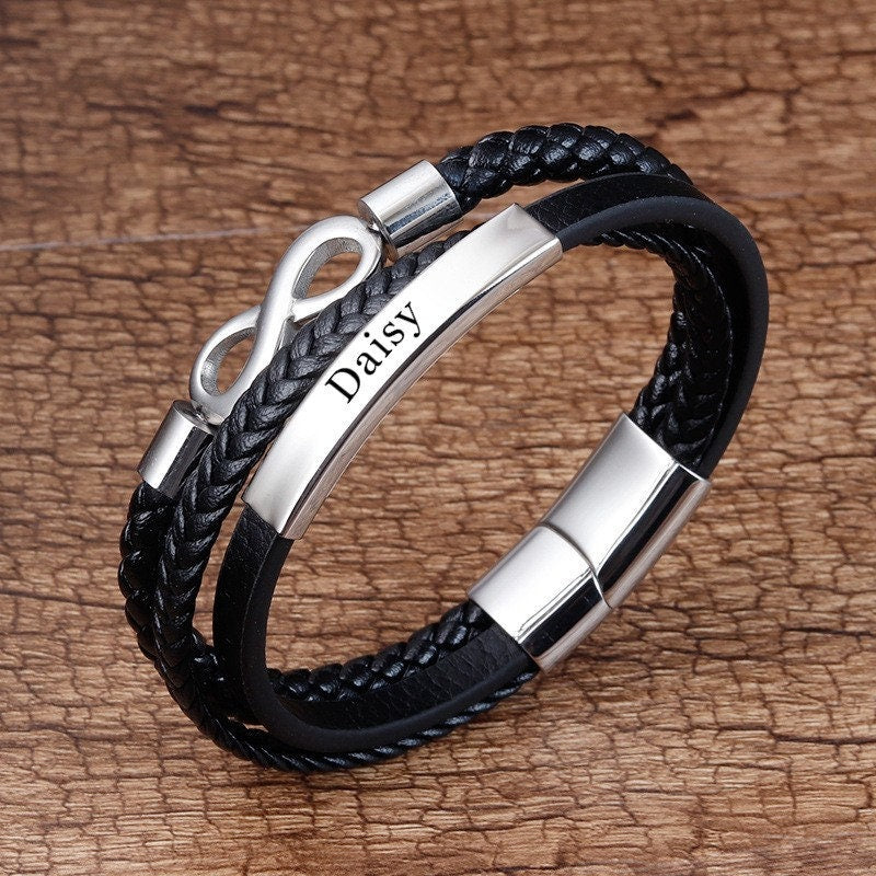 Leather Stainless Steel Mens Personalised Engraved Bracelet, Father's Day Gift- Dad Daddy Boyfriend Father , Christmas gift, infinity gift