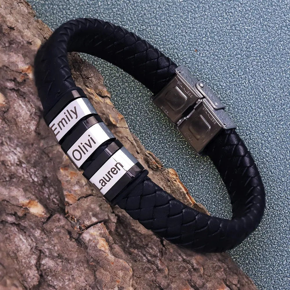 Personalisiertes Herrenarmband aus Leder und Edelstahl mit Gravur, Vatertagsgeschenk, Geschenk für Papa, graviertes Armband, Geschenk für ihn, Geschenk für den Freund
