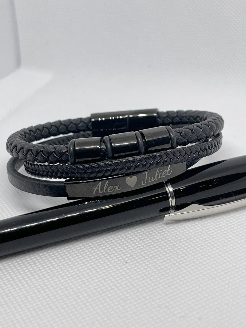 Leather Stainless Steel Men's Personalised Engraved Bracelet, Father's Day Gift, Dad Daddy Boyfriend Father , gift for dad, anniversary gift