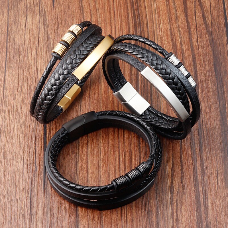 Bracelet unisexe en cuir et acier inoxydable gravé personnalisé, papa, petit ami père, cadeau de Noël, cadeau d'anniversaire, cadeau pour sa petite amie