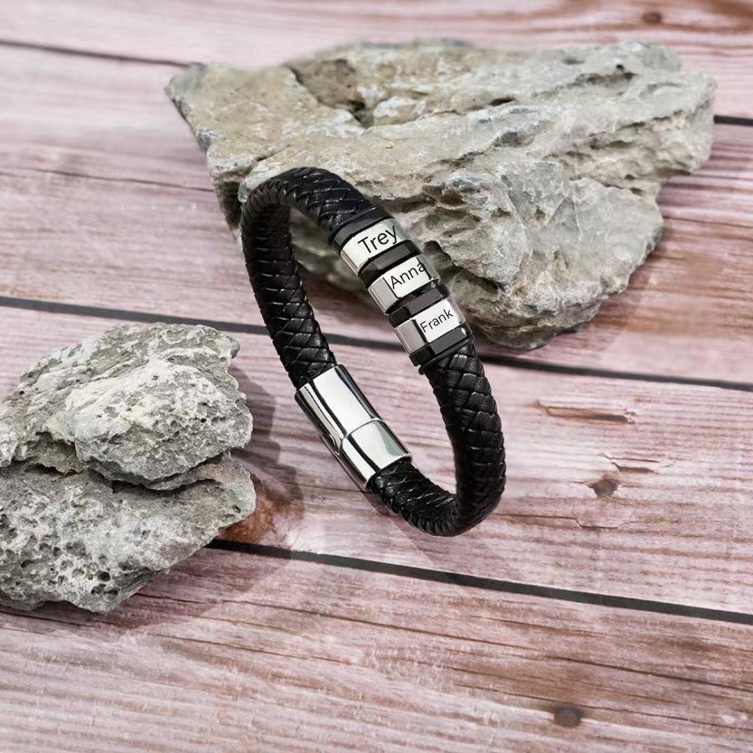 Leather Stainless Steel Mens Personalised Engraved Bracelet, Father's Day Gift, Gift for Dad, gift for boyfriend, Christmas gift,